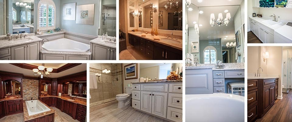 Gallery of different bathroom cabinets installed by Cornerstone Builders in a Marco Island home