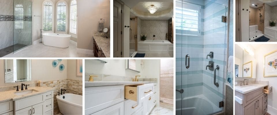 Gallery of different bathroom cabinets installed by Cornerstone Builders in Naples homes